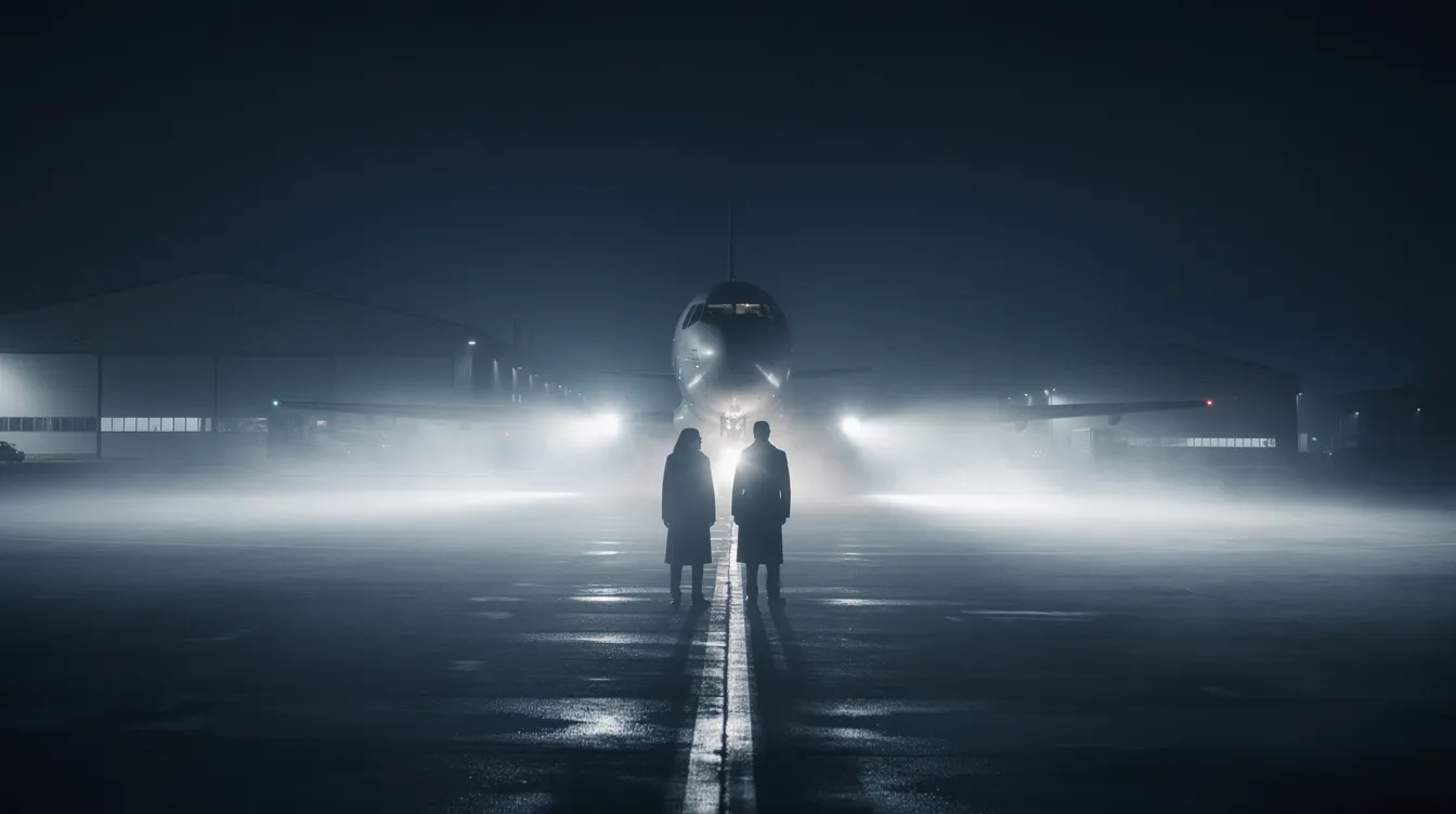 Auf dem nebelverhangenen Flugfeld bei Nacht sind die Silhouetten von zwei Personen vor einem Flugzeug zu sehen, während Scheinwerferlicht den Nebel durchschneidet und eine geheimnisvolle Atmosphäre erzeugt. Diese Szene könnte als eindrucksvolles Beispiel für die filmische Darstellung von Spannung und Geheimnissen dienen.