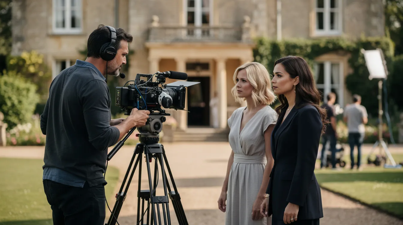 Auf dem Filmset im Freien steht ein Regisseur an einer Kamera, während zwei Schauspielerinnen – eine blonde und eine brünette – vor einem eleganten Landhaus warten. Diese Szene könnte an das Meisterwerk "Melancholia" von Lars von Trier erinnern, in dem Themen wie das Ende der Welt und emotionale Tiefen behandelt werden.