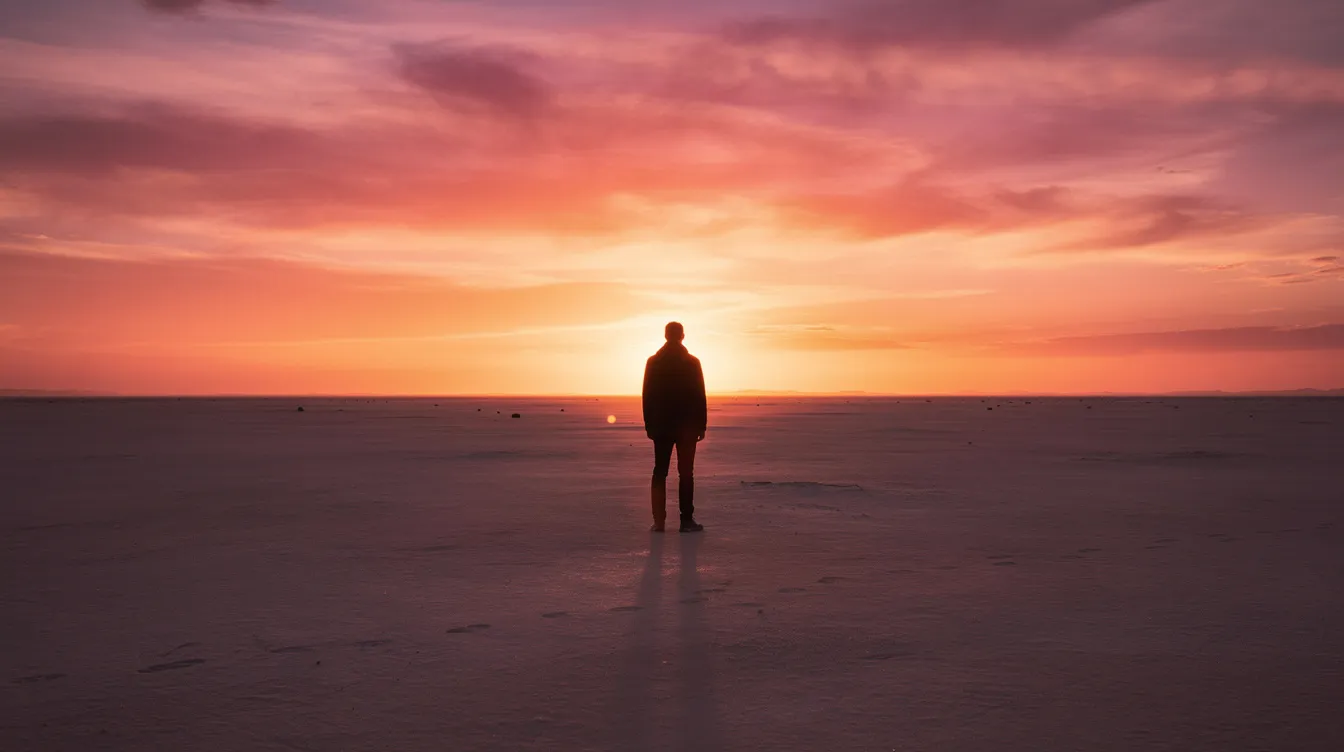 Die Silhouette einer einzelnen Person steht vor einem atemberaubenden, farbintensiven Sonnenuntergang über einer flachen Wüstenlandschaft, die an die düstere Atmosphäre von "No Country for Old Men" erinnert. Die Szene vermittelt ein Gefühl von Einsamkeit und Weite, während die Farben des Himmels in den Hintergrund übergehen.