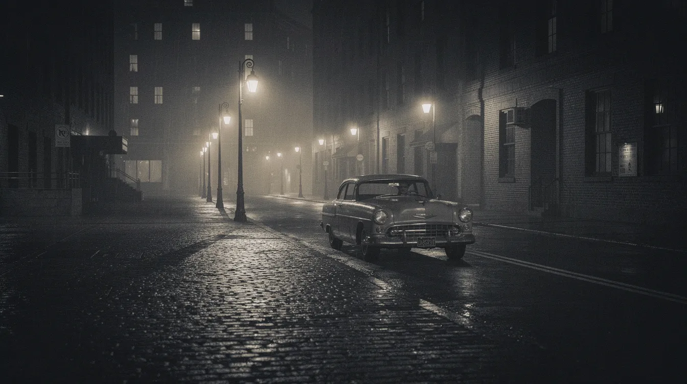 Die dunkle Straßenszene im Stil der 1940er Jahre zeigt eine einsame Fahrbahn, beleuchtet von Straßenlaternen, während ein Automobil im Schatten parkt. Diese Atmosphäre erinnert an den Film Noir und die spannenden Geschichten von Walter Neff und Phyllis Dietrichson aus "Double Indemnity".