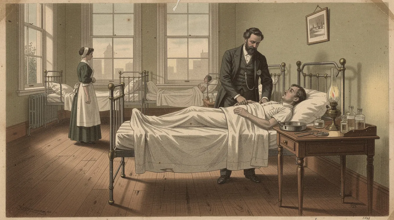 Die medizinische Illustration zeigt ein viktorianisches Krankenhauszimmer, in dem ein Arzt am Bett eines Patienten steht. Der Raum strahlt eine historische Atmosphäre aus und erinnert an die dramatischen Geschichten von John Merrick, dem "Elefantenmenschen", während der Arzt, möglicherweise Dr. Frederick Treves, sich um das Wohl des Patienten kümmert.