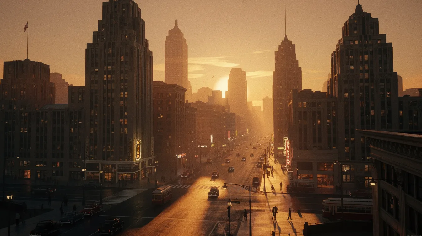 Das Panorama zeigt eine Stadtsilhouette im Stil der 1940er Jahre bei Sonnenuntergang, geprägt von eleganten Art-déco-Gebäuden, die lange Schatten auf die Straßen werfen. Diese Szene erinnert an die düstere Atmosphäre des Film Noir und könnte direkt aus einem klassischen Thriller wie "Double Indemnity" stammen, in dem Figuren wie Walter Neff und Phyllis Dietrichson eine zentrale Rolle spielen.