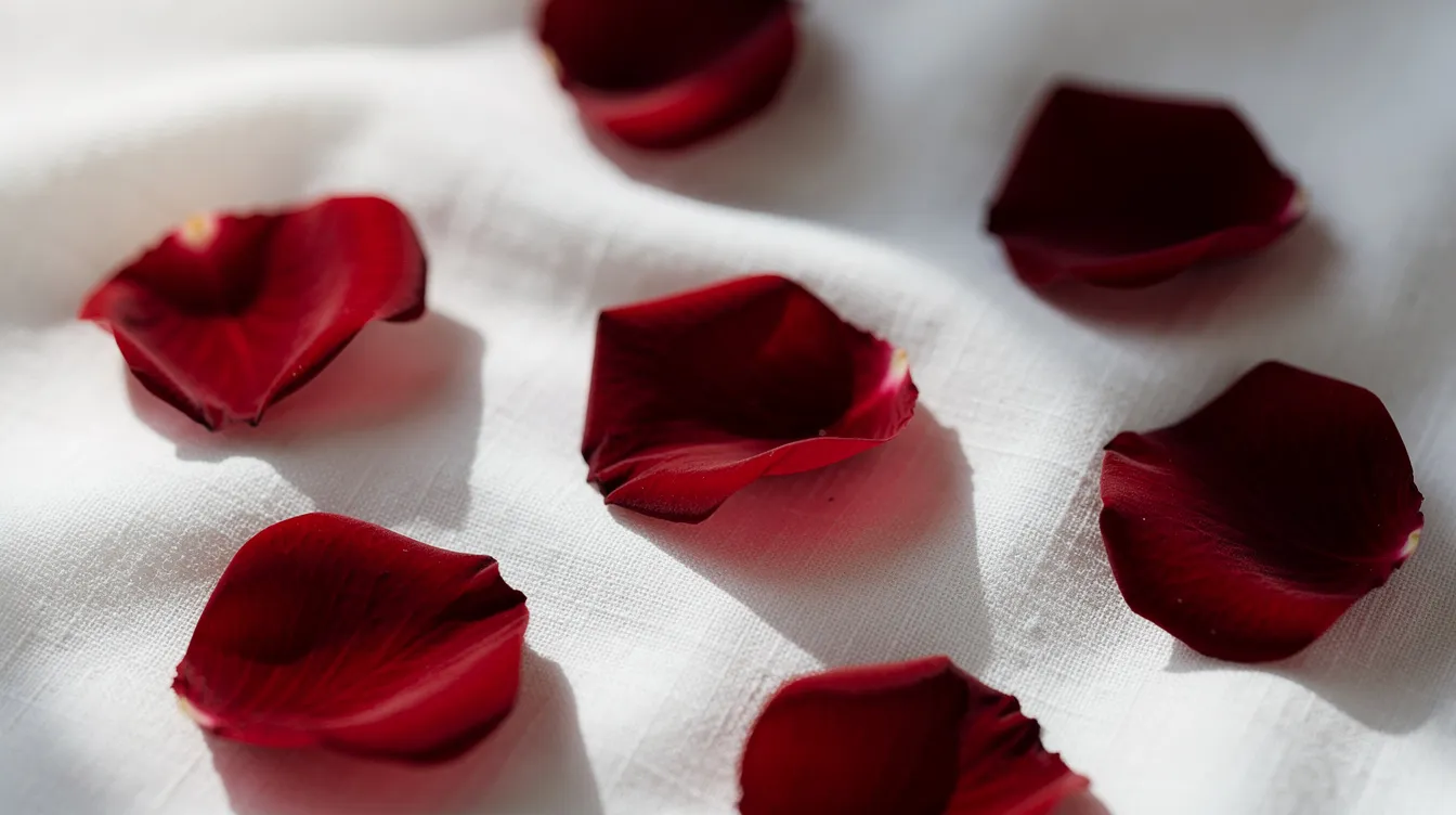 Die Nahaufnahme zeigt tiefrote Rosenblätter, die sanft auf einem weißen Stoff verstreut liegen, was einen eleganten und romantischen Eindruck vermittelt. Diese Komposition könnte an die Themen von "American Beauty" erinnern, in dem Rosen eine zentrale Rolle spielen und die komplexen Gefühle der Figuren widerspiegeln.