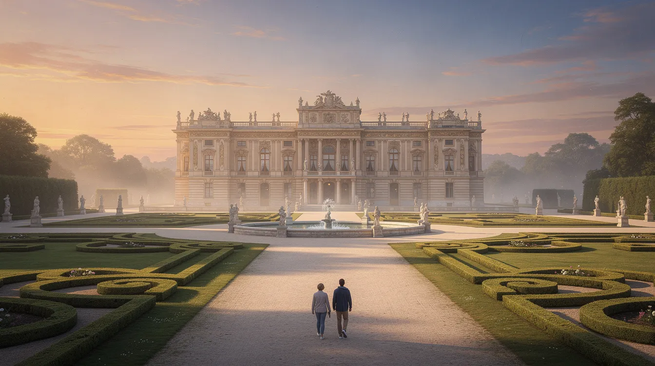 Das Bild zeigt ein großes barockes Schloss, umgeben von einer symmetrischen Gartenanlage im warmen Abendlicht. Im Vordergrund sind zwei kleine Figuren zu sehen, die die elegante Atmosphäre des englischen Adels widerspiegeln, ähnlich der Kulisse aus Stanley Kubricks Meisterwerk "Barry Lyndon".