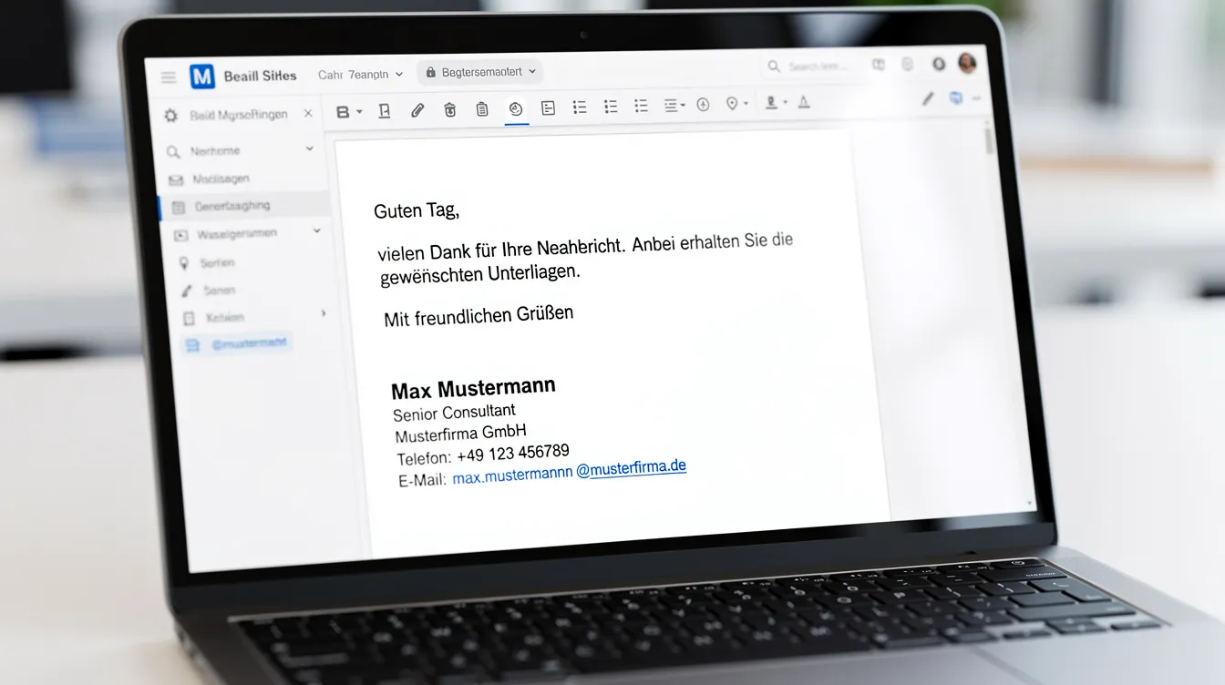 Auf dem Laptop-Bildschirm ist eine geöffnete E-Mail zu sehen, die eine professionelle Signatur enthält. Diese Signatur beinhaltet Kontaktdaten und Informationen über das Unternehmen, was für die Kommunikation und Öffentlichkeitsarbeit von Bedeutung ist.