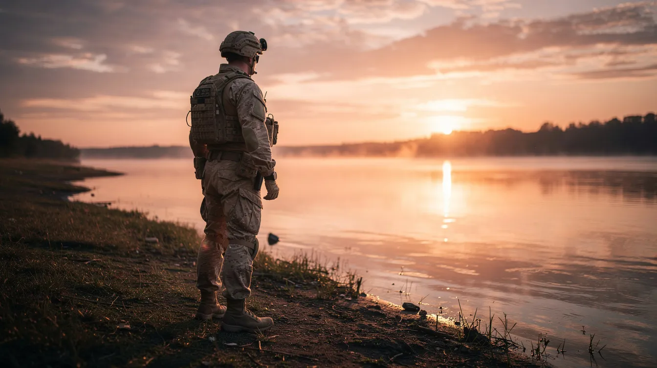 Ein einsamer Soldat in Uniform steht am Ufer eines Flusses und blickt nachdenklich in die Ferne, während die Sonne am Horizont untergeht und den Himmel in warmen Farben erleuchtet. Diese Szene vermittelt eine melancholische Stimmung, die an den Film "Die Hirschjäger – The Deer Hunter" erinnert.
