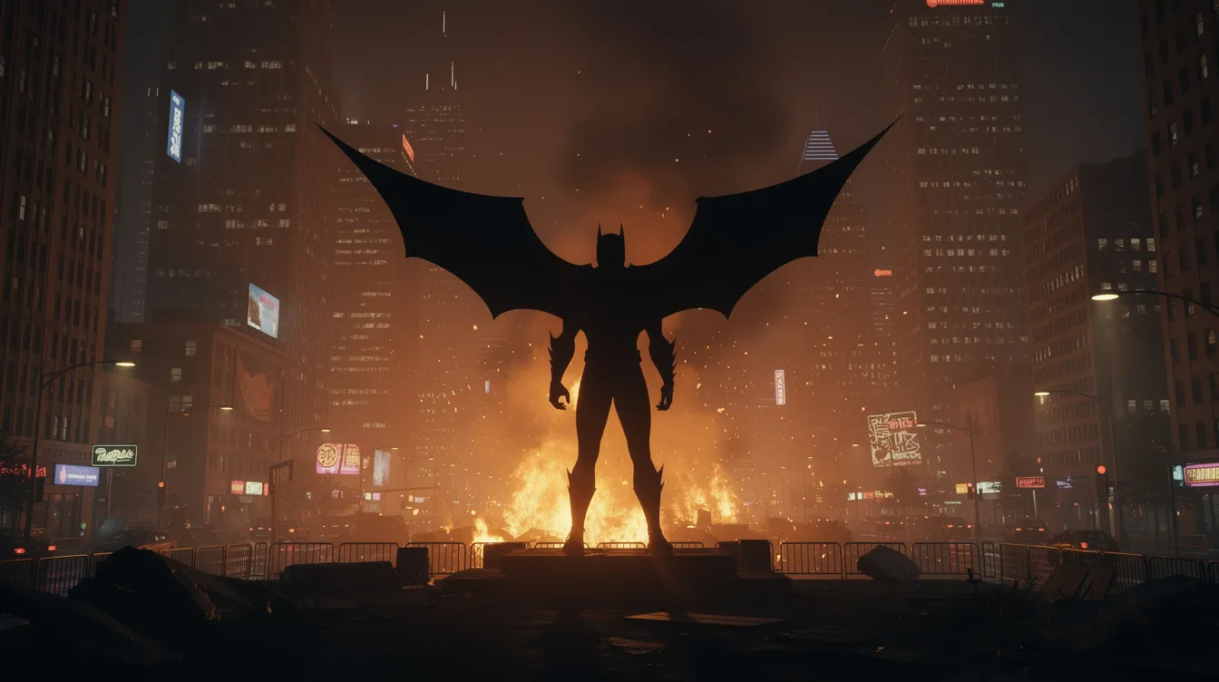 Die dunkle Silhouette einer Fledermausfigur steht vor einem brennenden, orangefarbenen Hintergrund, der die nächtliche Großstadtkulisse von Gotham City widerspiegelt. Diese Darstellung erinnert an die Atmosphäre von "The Dark Knight Rises" und verkörpert den geheimnisvollen und heldenhaften Charakter von Batman.