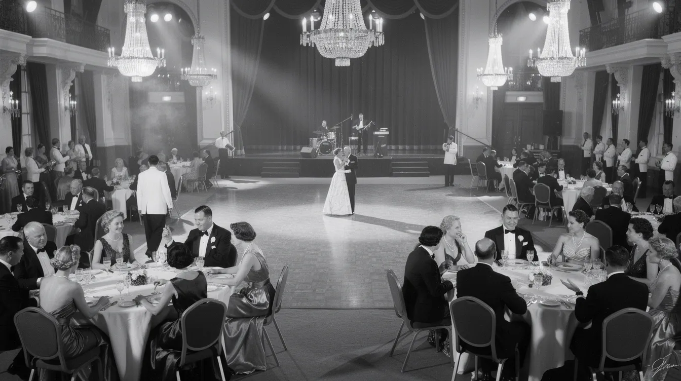 Die Schwarz-Weiß-Aufnahme zeigt eine elegante Abendgala der 1940er Jahre, in einem großen Saal mit festlich gekleideten Gästen, die an runden Tischen sitzen, während im Hintergrund Anklänge an eine Preisverleihung wie die Golden Globe Awards zu spüren sind. Die Atmosphäre strahlt Glamour und festliche Stimmung aus, die an eine bedeutende Auszeichnung in der Film- und Fernsehbranche erinnert.