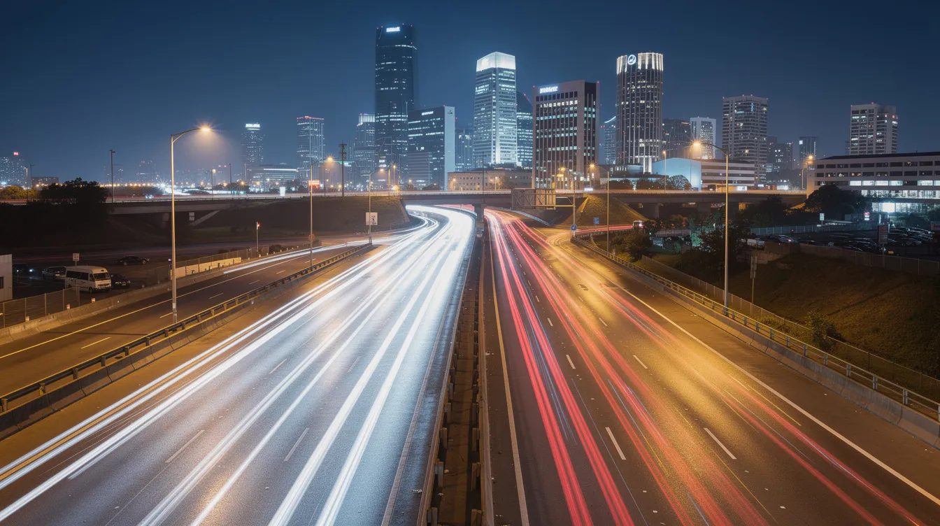 Die mehrspurige Autobahn bei Nacht ist von hellen Lichtstreifen der vorbeifahrenden Fahrzeuge beleuchtet, während im Hintergrund die beeindruckende Stadtsilhouette von Los Angeles zu sehen ist. Diese Szene erinnert an die spannungsgeladenen Momente aus einem Action-Thriller, in dem Gangster und Polizisten aufeinandertreffen.