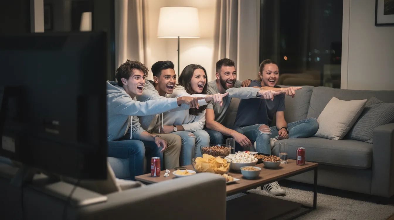 Eine Gruppe junger Erwachsener sitzt entspannt vor einem großen Fernseher, während sie gemeinsam eine umstrittene Fernsehsendung schauen. Einige lachen, andere zeigen auf den Bildschirm, während Snackschalen auf dem Couchtisch stehen, was das Phänomen des "Hate Watching" unterstreicht.
