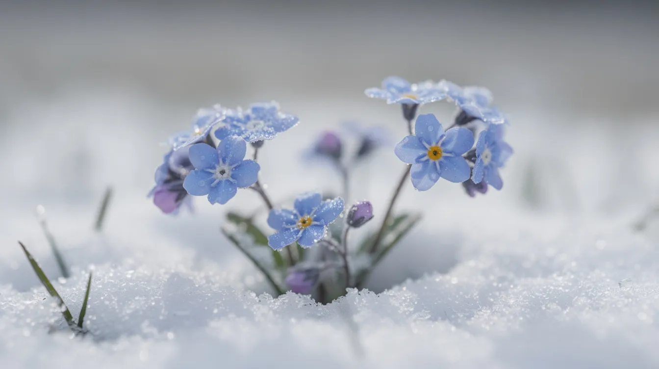 Eine Nahaufnahme zeigt zarte blaue Vergissmeinnicht-Blüten, die auf einer verschneiten Wiese wachsen, während der Hintergrund unscharf bleibt. Diese Szene erinnert an die Themen von "Vergiss mein nicht - Eternal Sunshine of the Spotless Mind", in der Erinnerungen und die Vergänglichkeit von Momenten eine zentrale Rolle spielen.