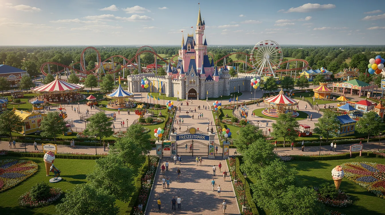 Ein weitläufiger Freizeitpark aus der Vogelperspektive zeigt ein zentrales Märchenschloss, umgeben von bunten Fahrgeschäften und grünen Alleen, während fröhliche Besucher in einer sonnigen Atmosphäre die magischen Momente genießen. Dieser Ort erinnert an die zauberhafte Welt von Walt Disney und lädt Kinder und Erwachsene zu einem unvergesslichen Abenteuer ein.