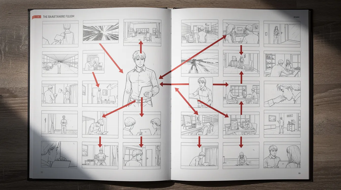 Das Bild zeigt ein aufgeschlagenes Filmstoryboard, auf dem eine zentrale Figur abgebildet ist, von der mehrere Pfeile zu verschiedenen neuen Handlungssträngen führen. Diese Darstellung verdeutlicht die Struktur und die möglichen Entwicklungen innerhalb eines Films oder einer Serie, was für die Planung und Organisation von Unternehmensstrukturen in der Medienbranche von Bedeutung ist.