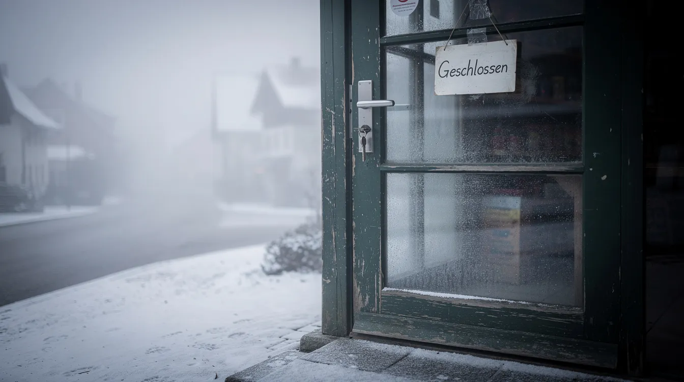 Die verschlossene Ladentür eines kleinen Dorfgeschäfts steht im Vordergrund, umgeben von dichtem Nebel an einem winterlichen Morgen. Im Hintergrund ist schemenhaft eine ruhige Straße zu erkennen, die die einsame Atmosphäre des Ortes verstärkt, als ob die Jagd nach dem Alltag hier pausiert hat.
