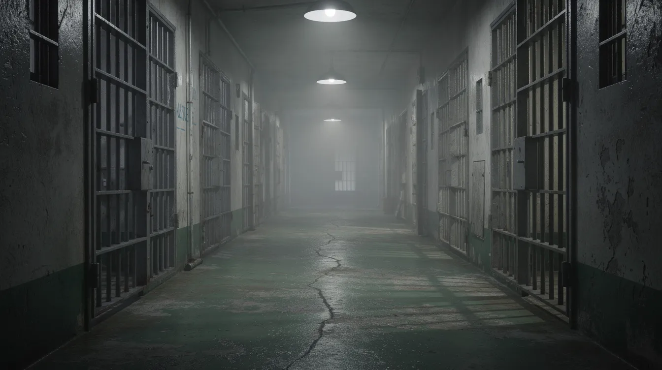 Ein langer, schwach beleuchteter Gefängniskorridor mit grün gestrichenem Boden und Zellentüren auf beiden Seiten, der an die düstere Atmosphäre der „Green Mile“ erinnert. Die schwache Beleuchtung wirft lange Schatten und schafft eine eindringliche Stimmung, die an die Herausforderungen und das Leben der Figuren im Todestrakt erinnert.