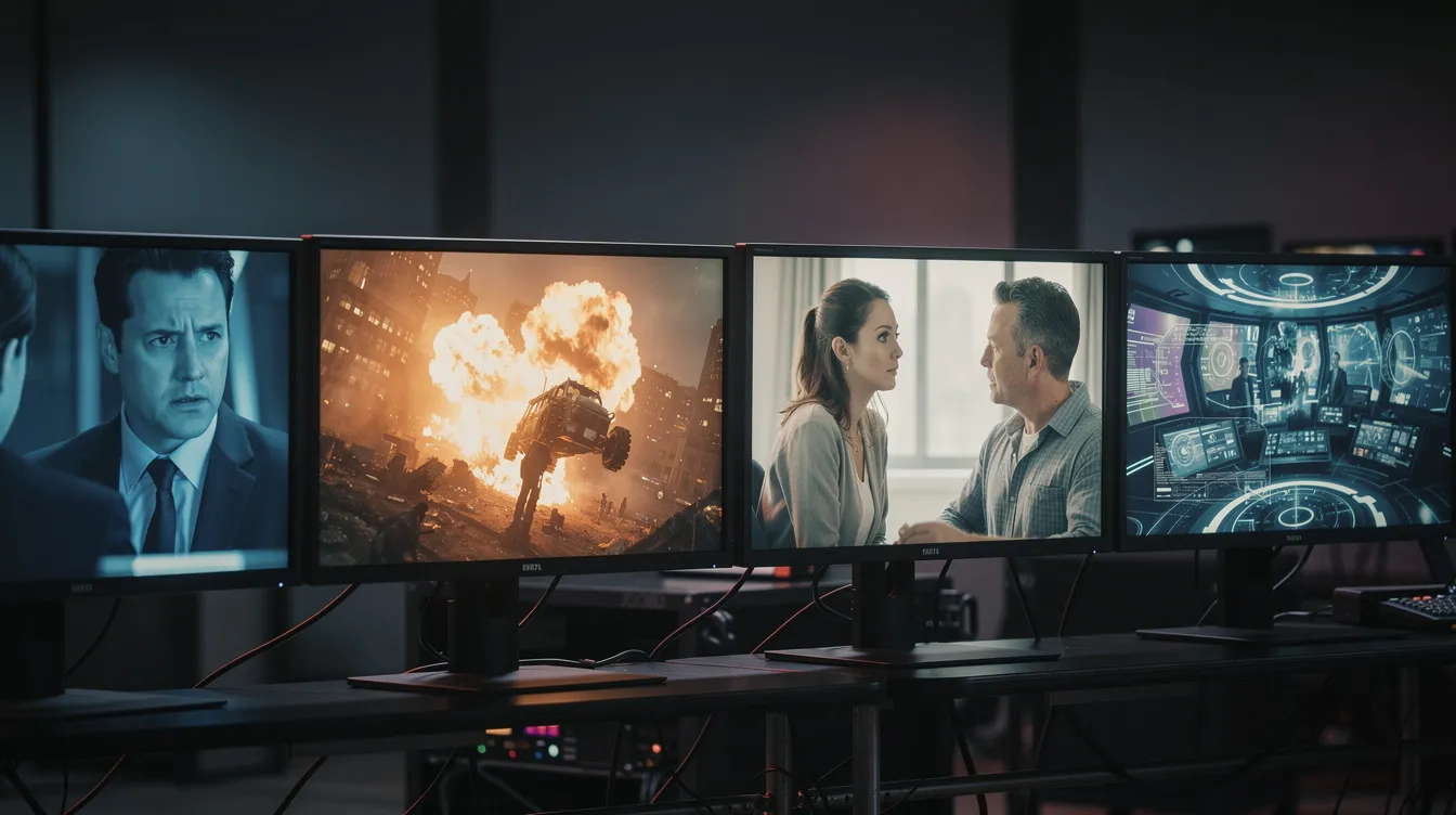 Die Abbildung zeigt mehrere kleine Bildschirme in einer Reihe, auf denen verschiedene Szenen einer fiktiven Serie ablaufen. Im Hintergrund sorgt gedämpfte Studiobeleuchtung für eine stimmungsvolle Atmosphäre, die das Gefühl einer modernen Fernsehsendung vermittelt.