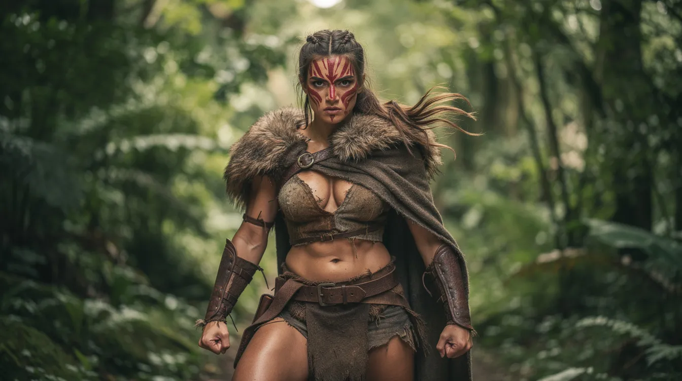 Eine Kriegerin mit roten Gesichtsmarkierungen und einem Fellumhang steht in kämpferischer Haltung vor einem dichten, grünen Wald, der an die magische Atmosphäre von Hayao Miyazakis "Prinzessin Mononoke" erinnert. Der Wald im Hintergrund symbolisiert die Verbindung zur Natur und den Konflikt zwischen Mensch und Tier, ein zentrales Thema des Films.