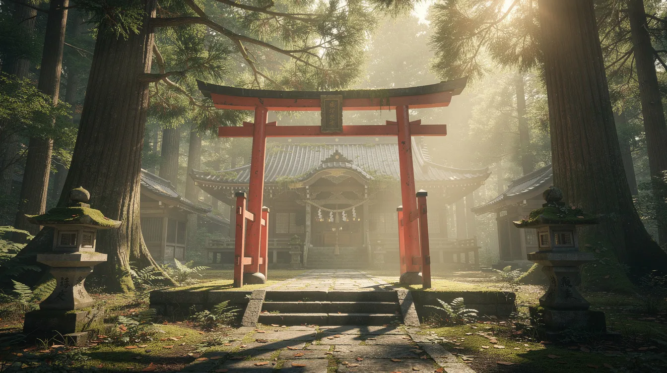 Ein traditioneller japanischer Shinto-Schrein mit einem leuchtend roten Torii-Tor steht inmitten eines alten Waldes, während sanftes Morgenlicht die Szenerie erhellt. Diese friedliche Umgebung erinnert an die magische Welt von "Chihiros Reise ins Zauberland", in der die Natur und spirituelle Elemente harmonisch miteinander verbunden sind.