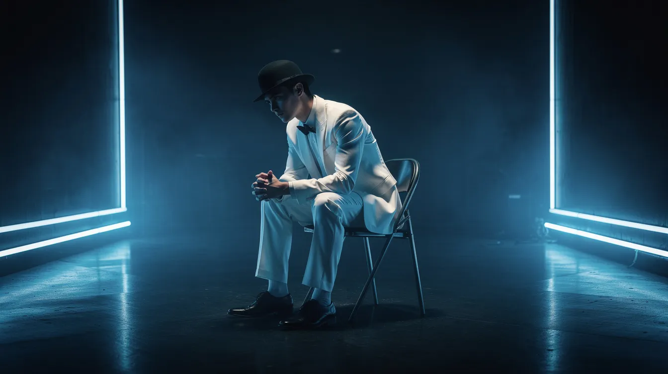 In einem düsteren Raum mit neonblauer Beleuchtung sitzt ein junger Mann in einem weißen Anzug und einem Bowler-Hut, der an die stilisierte Ästhetik von "Uhrwerk Orange" erinnert. Sein Blick ist intensiv und geheimnisvoll, was die düstere Stimmung des Films von Stanley Kubrick unterstreicht.