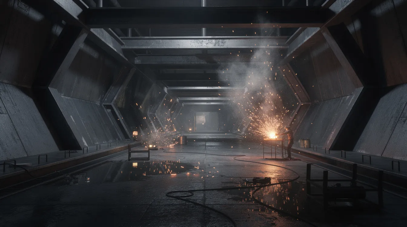 In einem dunklen, industriellen Tunnel sind metallische Oberflächen zu sehen, während orangene Funken durch die Luft fliegen und schwaches Licht am Ende des Tunnels schimmert. Diese Szenerie erinnert an die düstere Atmosphäre der Science-Fiction-Filme, wie sie in der Matrix dargestellt wird.