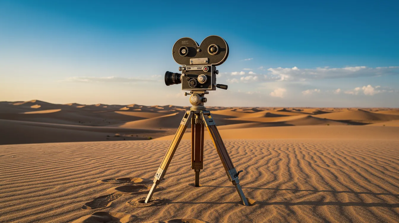 Das Bild zeigt eine alte Filmkamera auf einem Stativ, umgeben von Sanddünen in einer weiten Wüstenlandschaft, während der blaue Himmel im Hintergrund strahlt. Diese Szenerie erinnert an die Abenteuer von Indiana Jones, dem berühmten Archäologen, der in der Suche nach dem verlorenen Schatz oft in ähnlichen Landschaften unterwegs war.