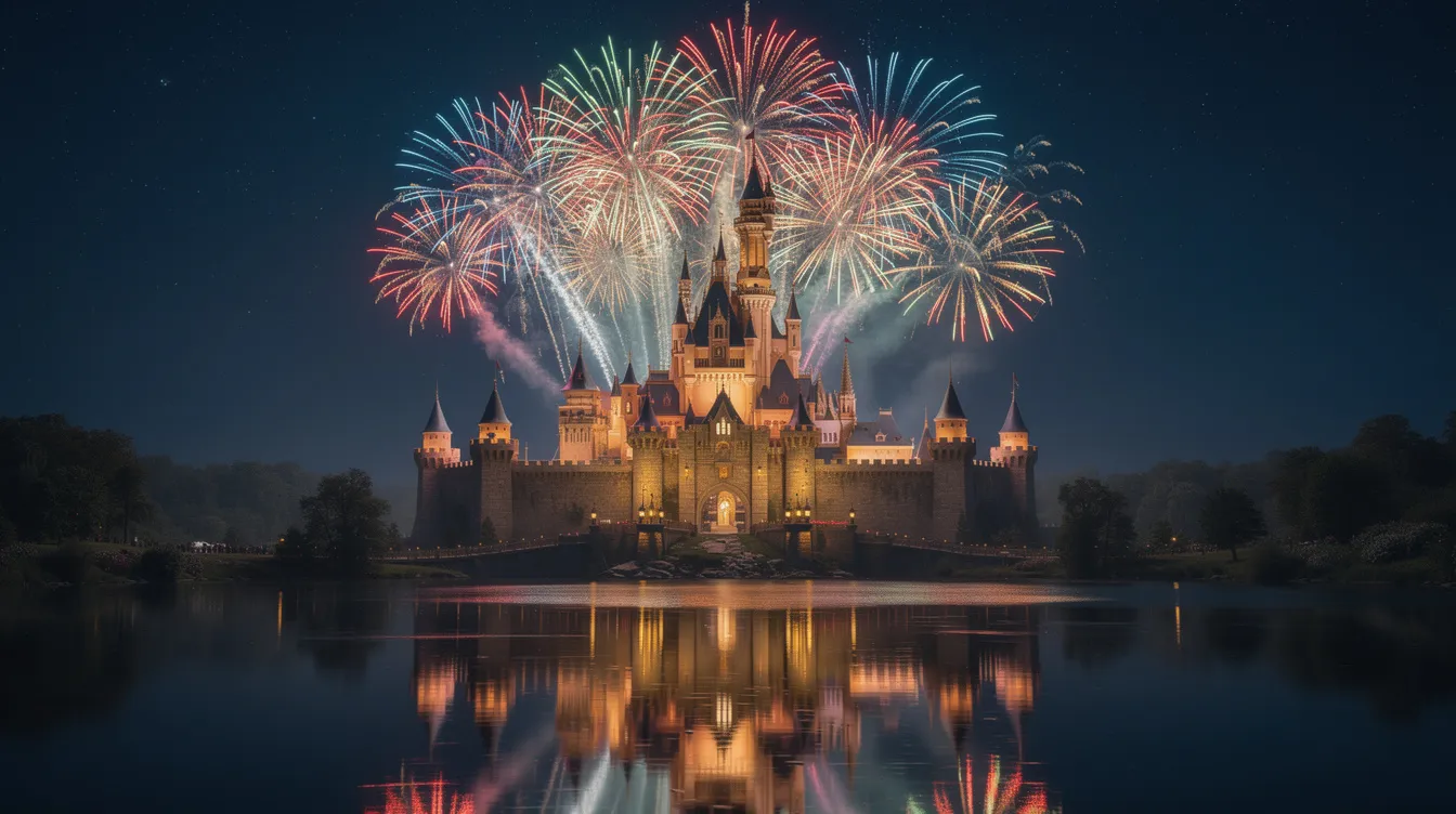 Ein weitläufiges Märchenschloss erhebt sich majestätisch bei Nacht, umgeben von einem sternenklaren Himmel. Über den Türmen explodiert ein spektakuläres, buntes Feuerwerk, während sich das Licht auf dem spiegelnden Wasser im Vordergrund widerspiegelt.