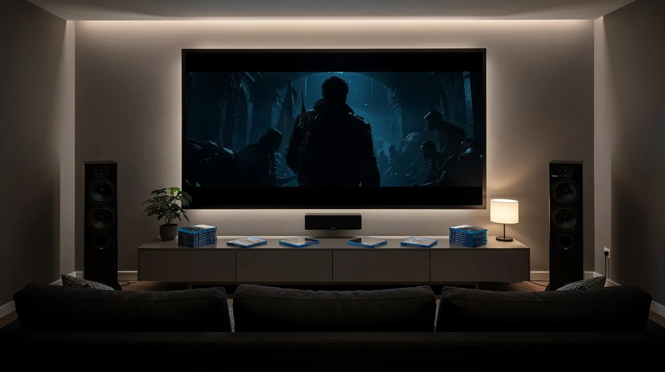 Das Bild zeigt ein Heimkino-Setup mit einem großen Bildschirm, auf dem der dunkle Film "Der Pate Teil II" läuft. Auf einem Sideboard sind mehrere Blu-ray-Hüllen zu sehen, die auf die Filmreihe und ihre berühmten Darsteller wie Al Pacino und Robert De Niro hinweisen.