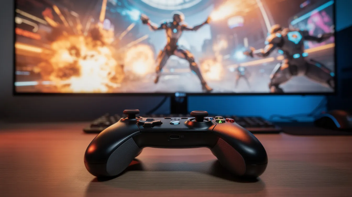 Ein Gaming-Controller liegt auf einem Schreibtisch vor einem großen Monitor, der eine dynamische Actionszene aus einem Videospiel zeigt, möglicherweise inspiriert von Spider-Man und seinen Abenteuern in New York. Auf dem Bildschirm sind actionreiche Kämpfe und Charaktere zu sehen, die die aufregende Welt der Superhelden verkörpern.