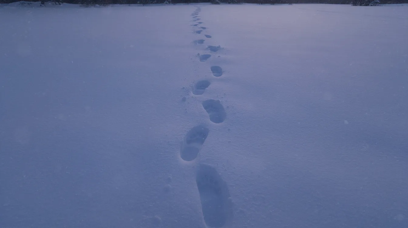 Die Fußspuren im frischen Schnee verlaufen gleichmäßig durch die winterliche Landschaft und beginnen langsam unter dem neuen Schneefall zu verschwinden. Die Dämmerung verleiht der Szene eine melancholische Stimmung, die an die Themen von "Eternal Sunshine of the Spotless Mind" erinnert.