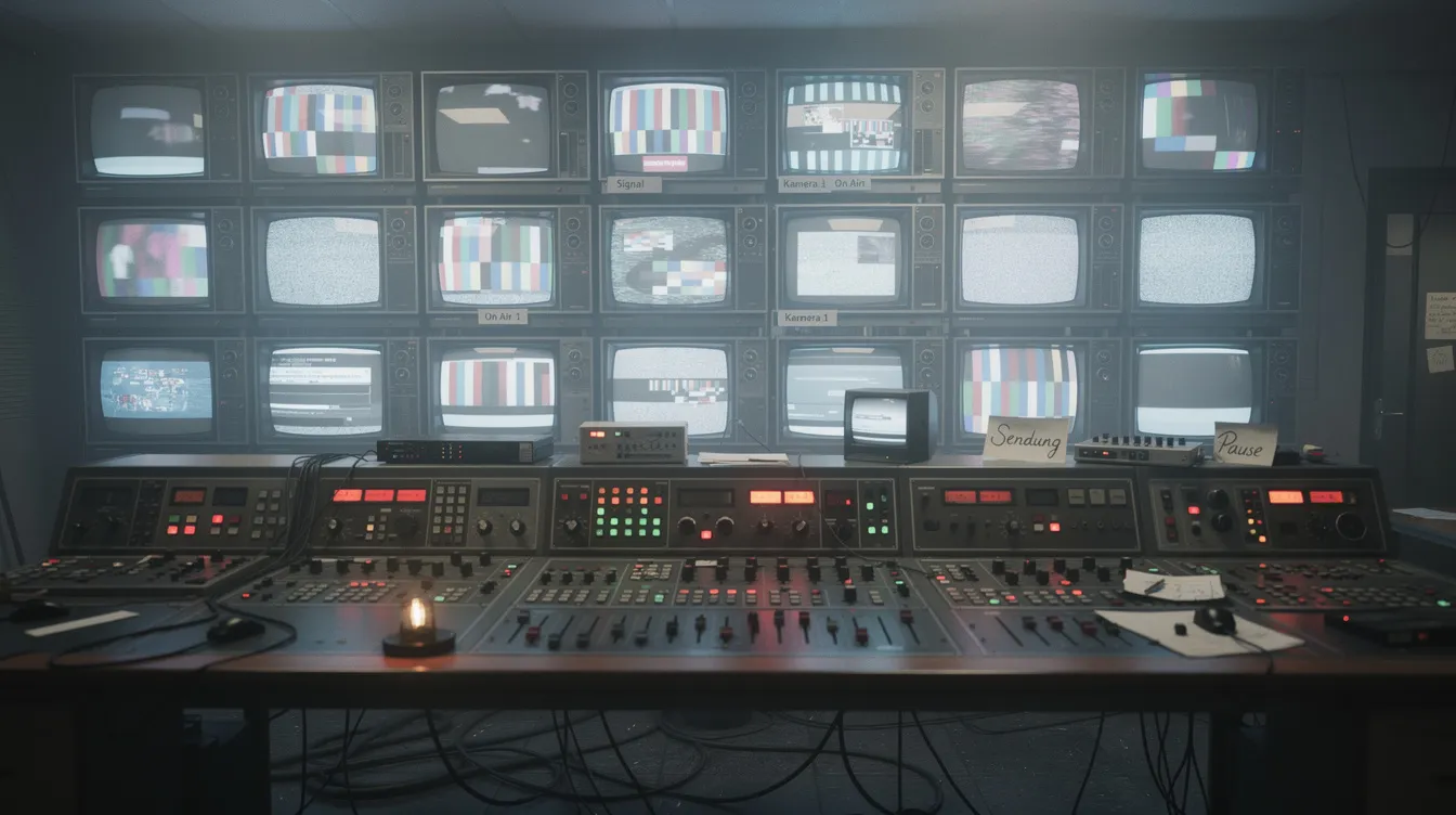 Das Bild zeigt eine Wand voller alter Röhrenmonitore in einem TV-Kontrollraum, umgeben von blinkenden Lichtern und Regiepulten, die an die Atmosphäre einer Nachrichtensendung erinnern. Diese Szene vermittelt das Gefühl einer Live-Sendung, in der Nachrichtensprecher wie Howard Beale und Regisseure wie Sidney Lumet eine entscheidende Rolle spielen.