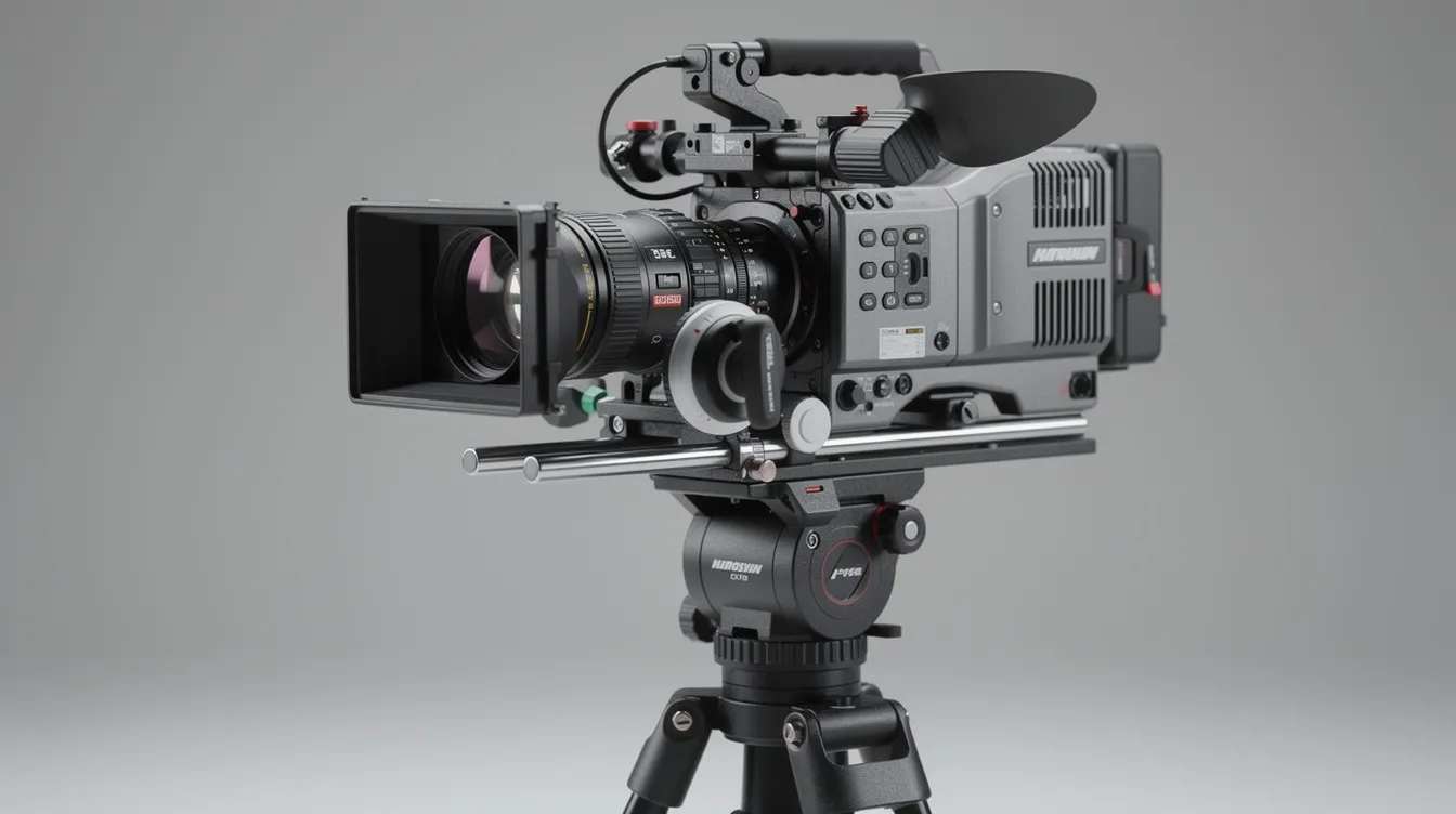 Die Detailaufnahme zeigt eine professionelle Filmkamera auf einem Stativ, wobei der Fokus auf dem Objektiv und dem Kameragehäuse liegt. Der neutrale Hintergrund hebt die Kamera hervor, die für die Erstellung von HD-Videos und Filmen unerlässlich ist und dabei die 180-Grad-Regel berücksichtigt.