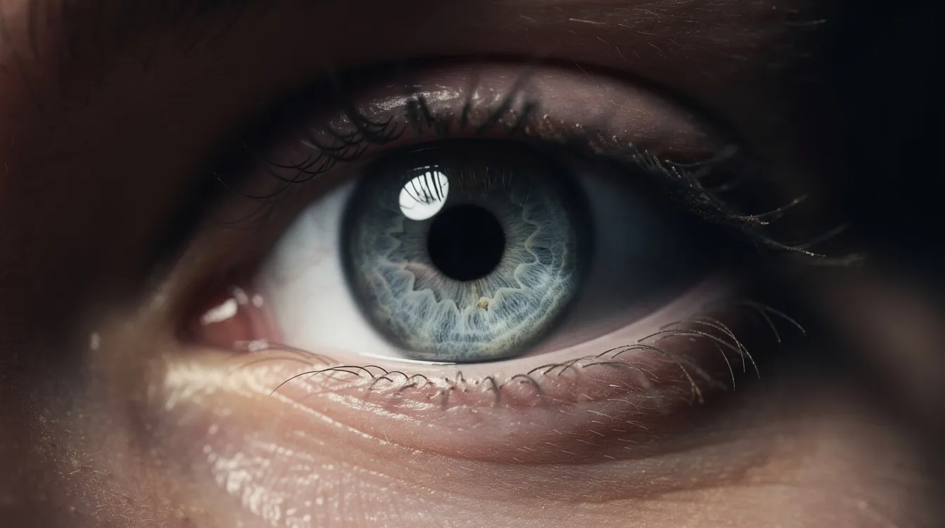 Die extreme Nahaufnahme zeigt ein weit geöffnetes menschliches Auge, in dem sich Licht dramatisch spiegelt, was an die visuelle Ästhetik von "Uhrwerk Orange" erinnert. Die Beleuchtung betont die Details und die Intensität des Blicks, der sowohl Faszination als auch eine gewisse Bedrohung ausstrahlt.