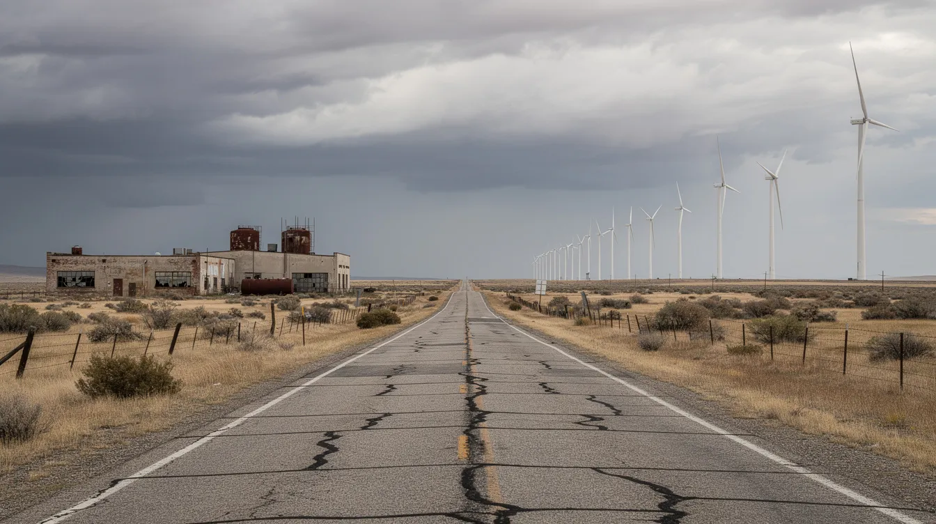 Die Bildbeschreibung zeigt eine weite, leere amerikanische Landschaft mit Windrädern, die sich sanft im Wind drehen, und verlassenen Industriegebäuden am Horizont unter einem bewölkten Himmel. Diese Szenerie könnte gut in einem Actionfilm wie „Logan – The Wolverine“ von Hugh Jackman vorkommen, der die düstere Zukunft der Mutanten thematisiert.