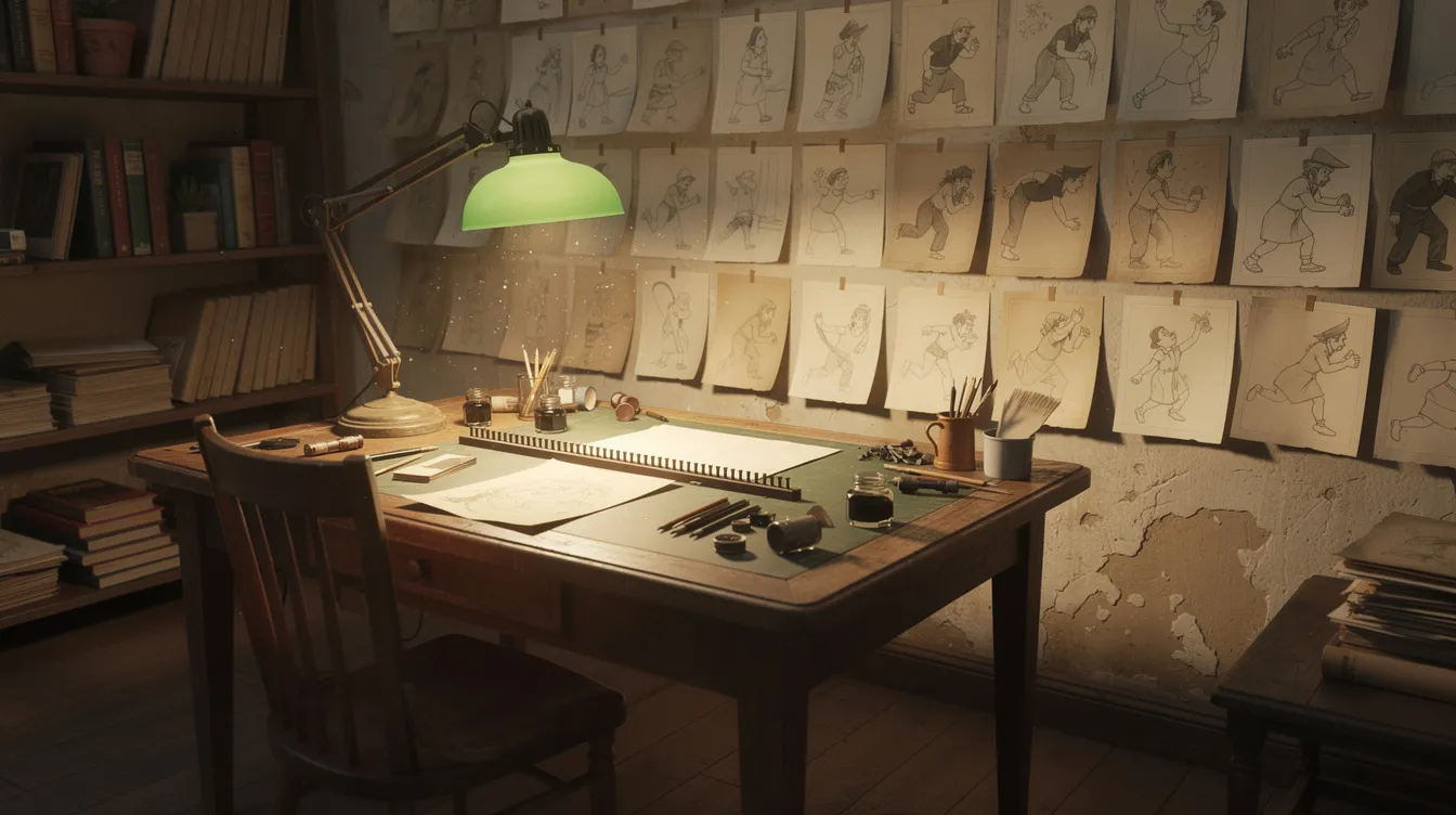 Ein historisch anmutender Arbeitsplatz mit einem Zeichentisch, einer Lampe und Tuschefässern, umgeben von aufgereihten Animationszeichnungen an der Wand, die die kreative Atmosphäre eines Animationsstudios widerspiegeln. Dieser Raum könnte als Kulisse für die Entstehung von Disney-Klassikern dienen und vermittelt ein Gefühl von Abenteuer und Kunst.