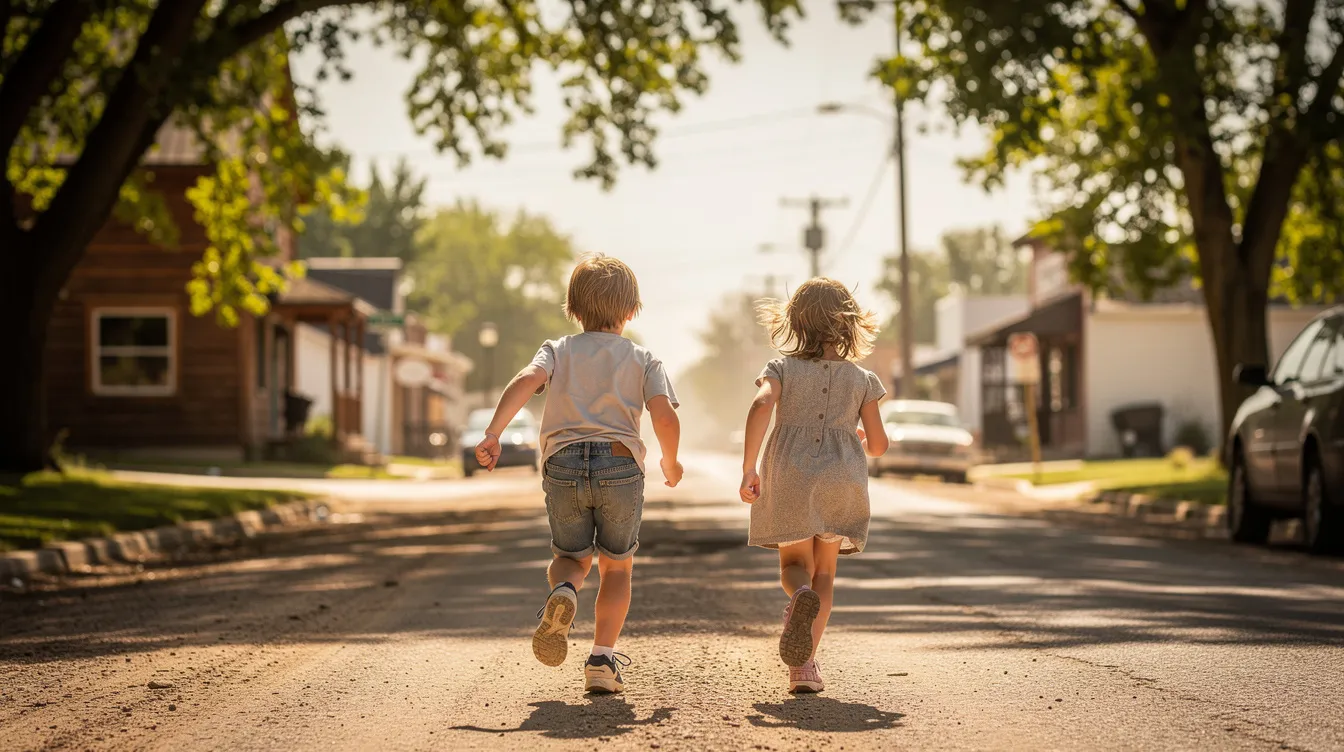 Zwei Kinder laufen fröhlich eine staubige Straße in einer kleinen amerikanischen Stadt entlang, während schattenspendende Bäume ihnen Schutz vor der Sommersonne bieten. Diese Szene erinnert an die Kindheit und die Coming-of-Age-Geschichten, die in Harper Lees Roman "Wer die Nachtigall stört" thematisiert werden.