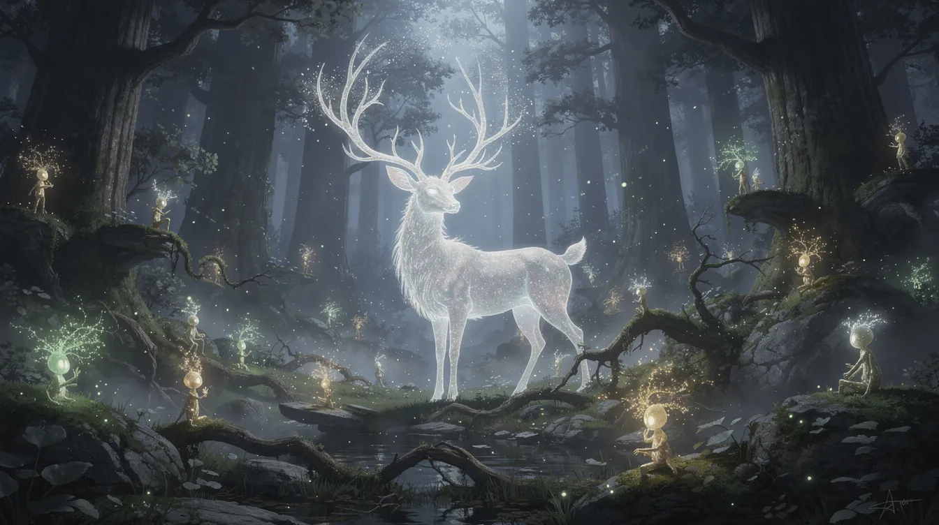 Auf einer mystischen Waldlichtung, umgeben von sanftem Mondlicht, steht eine hirschähnliche Geistkreatur, während kleine leuchtende Baumgeister um sie herumtanzen. Diese Szene erinnert an die zauberhafte Welt von Hayao Miyazaki und die Themen der Prinzessin Mononoke, in der die Natur und ihre Geister eine zentrale Rolle spielen.