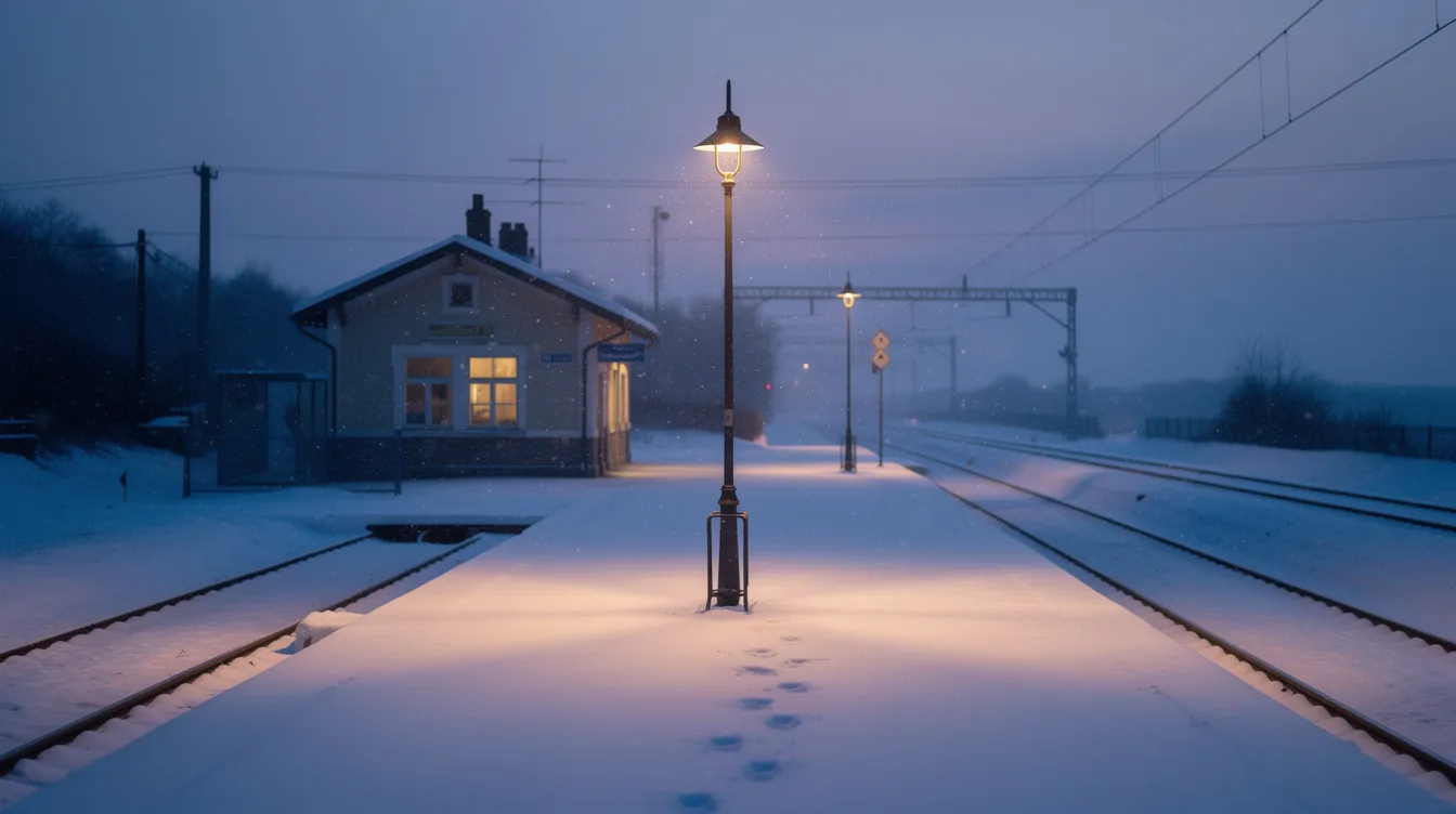 Eine menschenleere kleine Bahnstation im winterlichen Abendlicht, auf dem Bahnsteig liegt eine dünne Schicht Schnee, während eine einzelne Laterne warm leuchtet und eine ruhige Atmosphäre schafft. Diese Szene erinnert an die treue Freundschaft zwischen Hachiko und seinem Herrchen, die in der Geschichte "Hachiko – Eine wunderbare Freundschaft" erzählt wird.