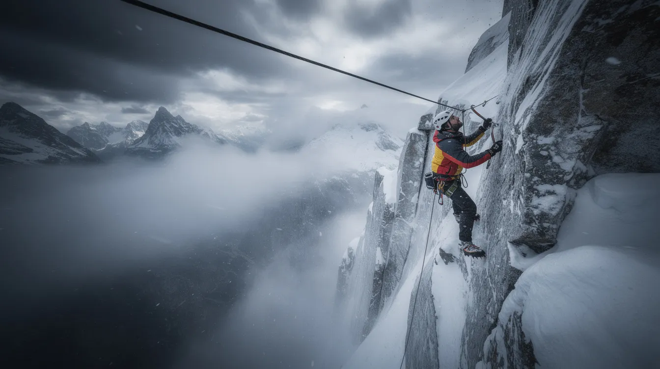 Ein dramatischer Bergsteiger hängt an einer steilen, verschneiten Felswand, während sich unter ihm ein tiefer Abgrund erstreckt und der Himmel von dunklen Wolken verhangen ist. Diese spannende Szene erinnert an die Actionfilme von Sylvester Stallone und die Herausforderungen, die in der Handlung von "Cliffhanger - Nur die Starken" dargestellt werden.