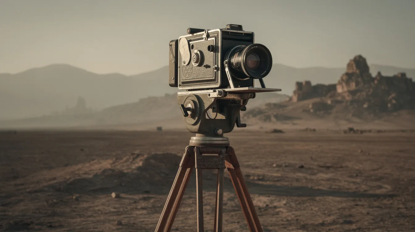 Ein Stativ hält eine vintage Filmkamera aus den 1940er Jahren, umgeben von einer staubigen, kargen Landschaft, die an die Abenteuer von Fred Dobbs und seinen Freunden in "Der Schatz der Sierra Madre" erinnert. Die karge Umgebung vermittelt das Gefühl von Isolation und der Suche nach Reichtum in der Wildnis Mexikos.