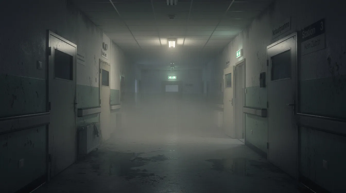 Ein dunkler, nebliger Krankenhausflur ist zu sehen, beleuchtet von schwachem Licht, das lange Schatten an die Wände wirft. Diese geheimnisvolle Atmosphäre erinnert an das Filmwerk von M. Night Shyamalan, insbesondere an „The Sixth Sense“, in dem die Themen des Lebens und der Sterblichkeit eine zentrale Rolle spielen.