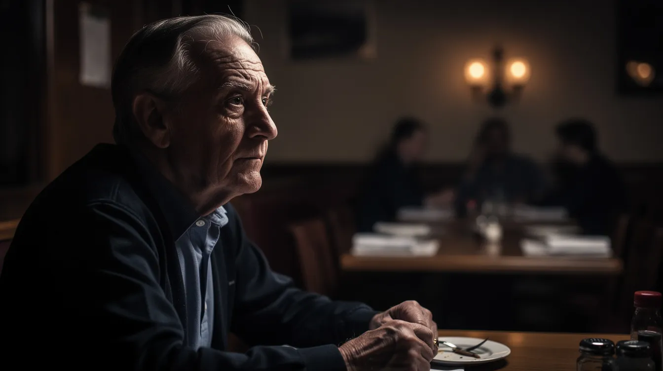 Ein älterer Mann mit markanten Gesichtszügen sitzt in einem schwach beleuchteten Restaurant, während dramatisches Seitenlicht seine Silhouette betont. Die Atmosphäre erinnert an Szenen aus Filmen wie "The Departed", in denen starke Charaktere und spannende Handlungen im Vordergrund stehen.