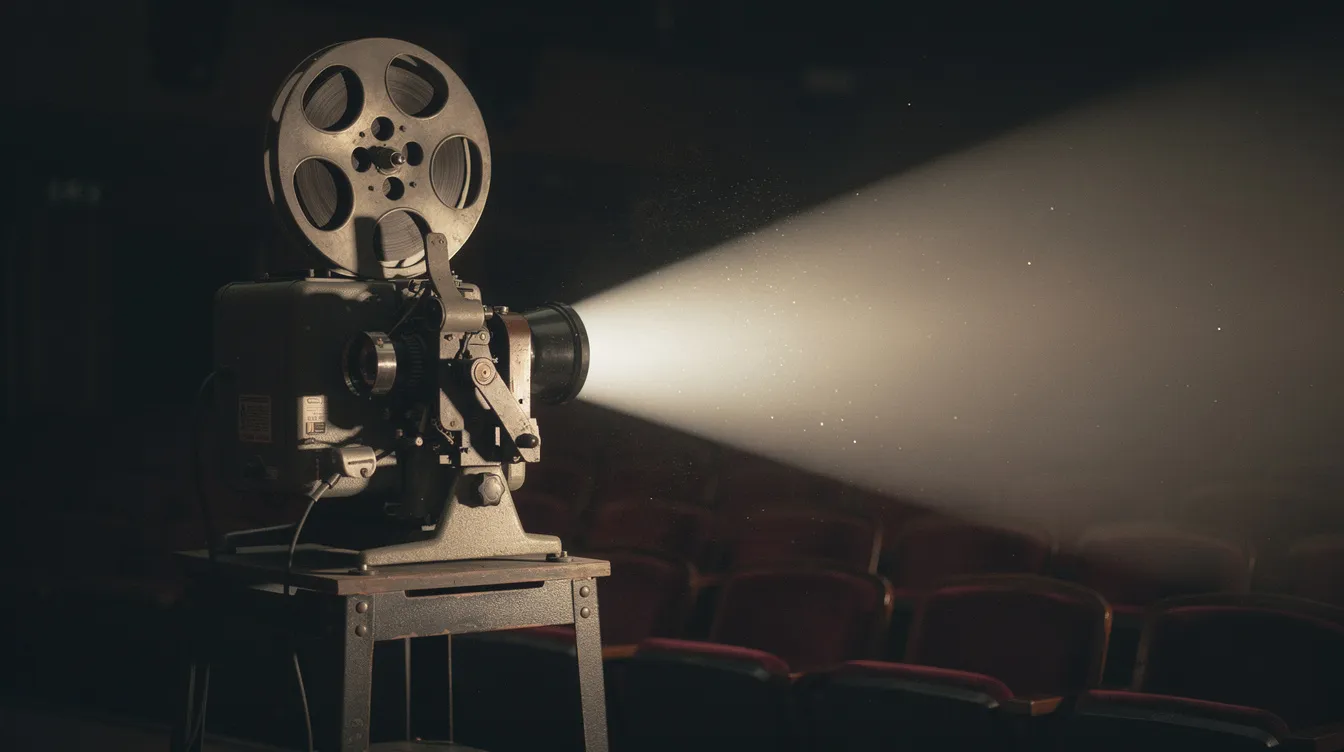 Ein alter Filmprojektor wirft einen hellen Lichtstrahl in einen dunklen Kinosaal, während die Schatten der Zuschauer auf der Wand tanzen. Diese Szene erinnert an die Magie der klassischen Musicals wie "Singin' in the Rain", in denen Stars wie Gene Kelly und Debbie Reynolds die Herzen des Publikums eroberten.