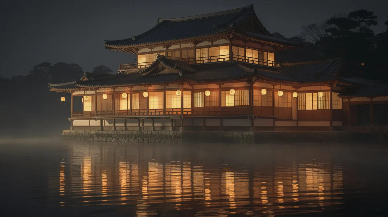 Das Bild zeigt ein mehrstöckiges traditionelles japanisches Gebäude mit eleganten Holzveranden und geschwungenen Dächern, das in warmem Licht erstrahlt und von Wasser umgeben ist. Diese Szenerie erinnert an die magische Atmosphäre aus "Chihiros Reise ins Zauberland", einem berühmten Film von Hayao Miyazaki.