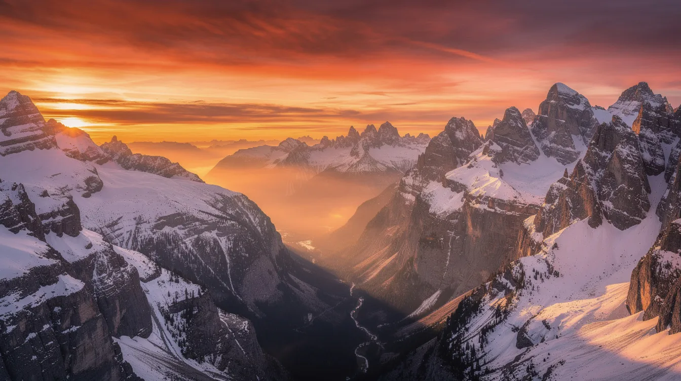 Der dramatische Sonnenuntergang über schneebedeckten Berggipfeln zeigt einen orangefarbenen Himmel, der die tiefen Schluchten der Rocky Mountains in ein warmes Licht taucht. Diese Szene erinnert an die spannungsgeladenen Momente aus Actionfilmen wie "Cliffhanger – Nur die Starken überleben", in denen die Natur eine entscheidende Rolle spielt.