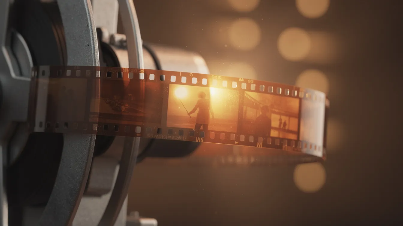 Nahaufnahme einer 35mm-Filmrolle in einem klassischen Filmprojektor, durch die warmes Licht scheint und eine nostalgische Atmosphäre schafft, die an die Werke von Quentin Tarantino erinnert. Die Details des Films und des Projektors vermitteln das Gefühl von Hollywood und der goldenen Ära des Kinos.