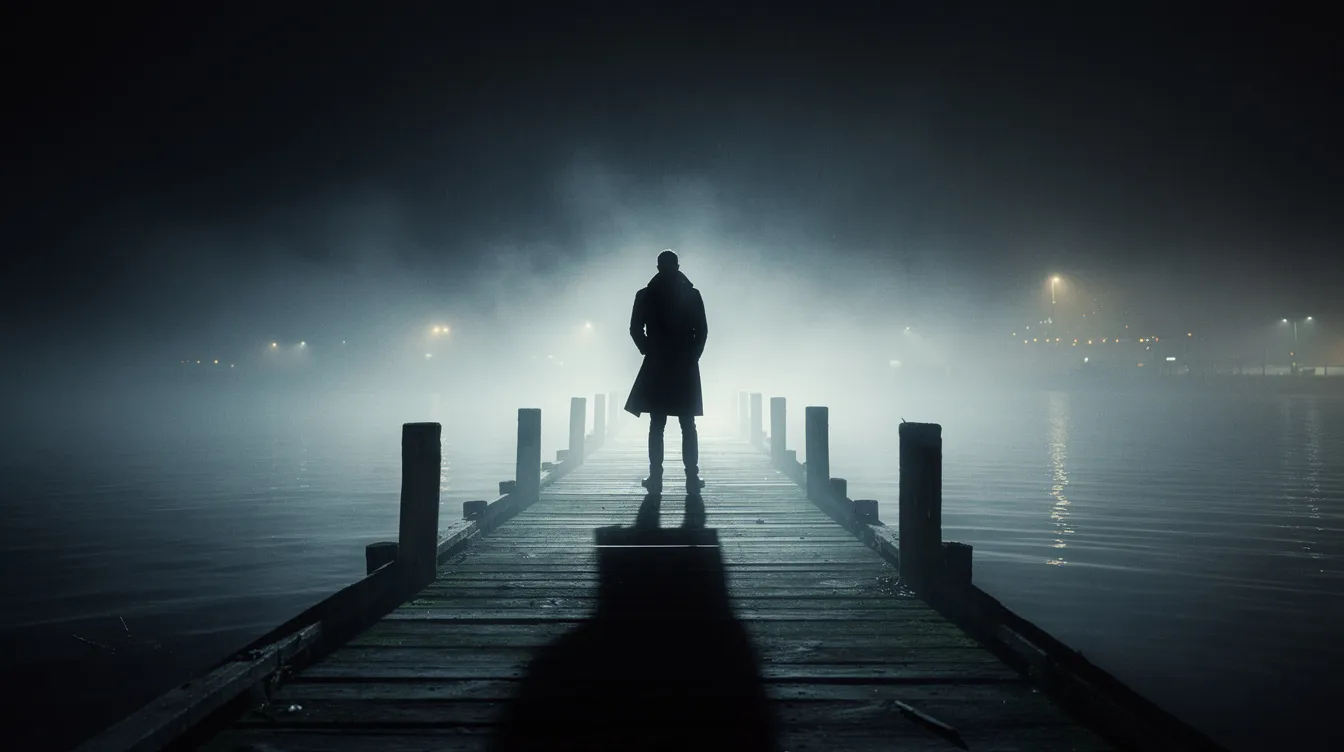 Ein geheimnisvoller, schattenhafter männlicher Umriss steht am Ende eines dunklen, nebligen Piers nachts, während entfernte Hafenlichter durch den Dunst schimmern. Die Szene erinnert an die düstere Atmosphäre eines Film Noir, in der Verdächtige und Geheimnisse im Vordergrund stehen.