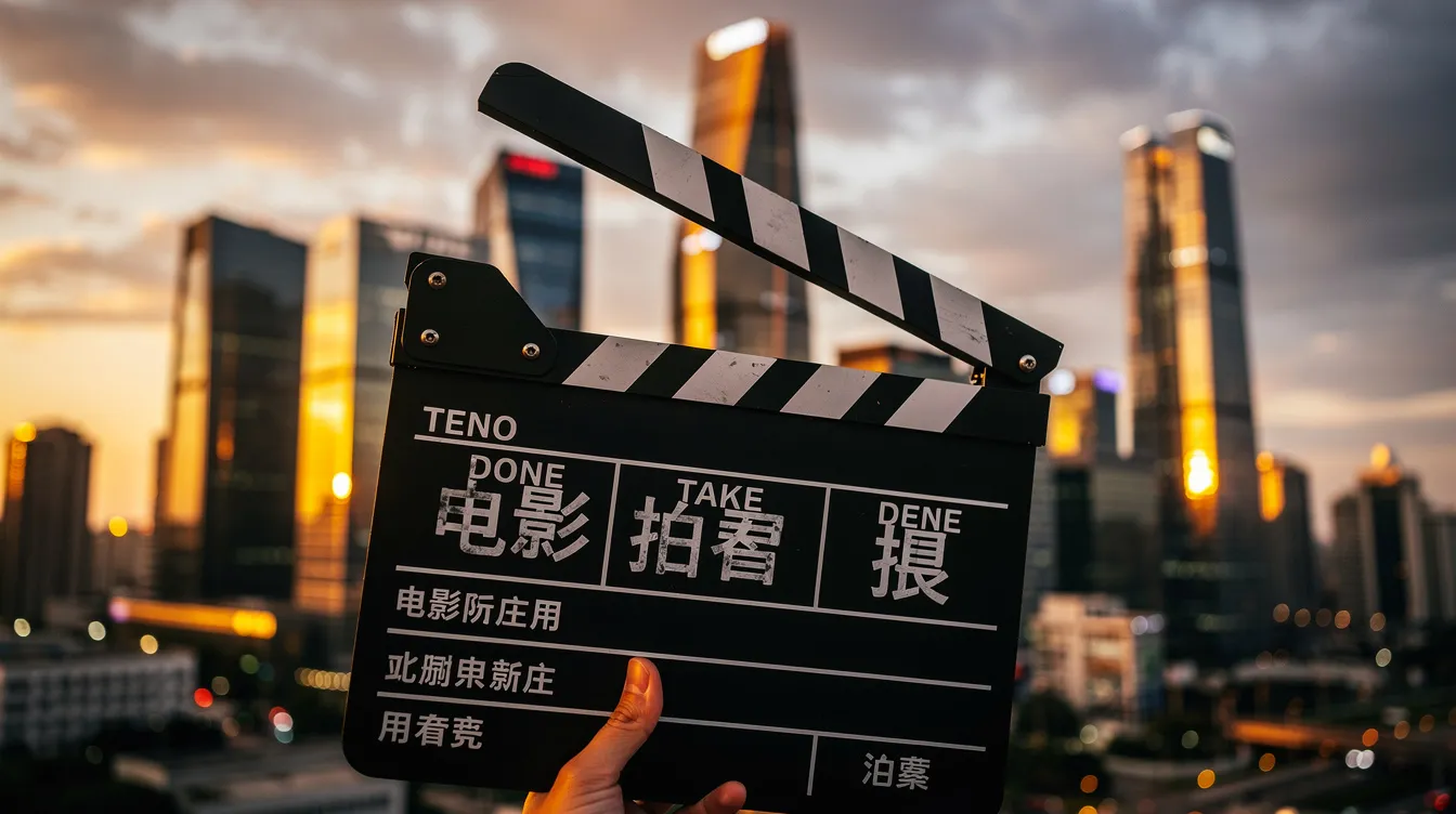 Eine Filmklappe steht vor einer beeindruckenden Stadtkulisse bei Sonnenuntergang, auf der asiatische Schriftzeichen zu sehen sind. Diese Szene könnte mit den glamourösen Auszeichnungen der Golden Globe Awards in Verbindung stehen und spiegelt die Verbindung von Film und Kultur wider.
