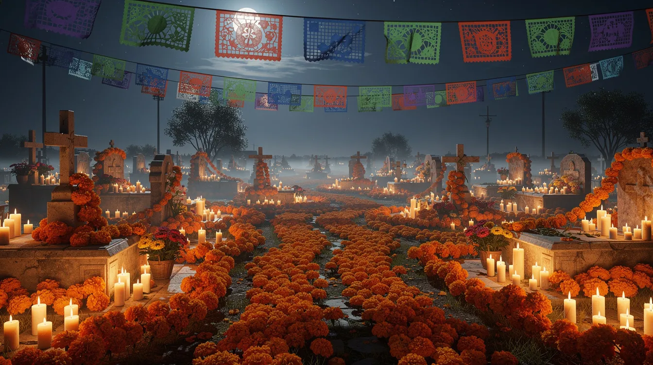 Ein traditioneller mexikanischer Friedhof bei Nacht, geschmückt mit hunderten von leuchtend orangefarbenen Ringelblumen, flackernden Kerzen und bunten papel picado Bannern, die sanft im Wind wehen. Diese lebendige Szenerie verkörpert die Feier des Día de Muertos und bringt die Erinnerung an die Verstorbenen auf eine wunderschöne Weise zum Leben.