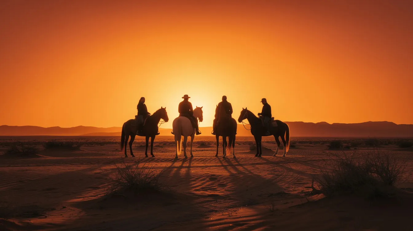 Die Silhouetten von vier Reitern, die auf Pferden in einer weitläufigen Wüstenlandschaft stehen, sind vor einem leuchtend orangefarbenen Sonnenuntergang zu sehen. Diese Szene erinnert an Abenteuerfilme wie "Indiana Jones und der letzte Kreuzzug", wo die Suche nach dem Heiligen Gral im Mittelpunkt steht.