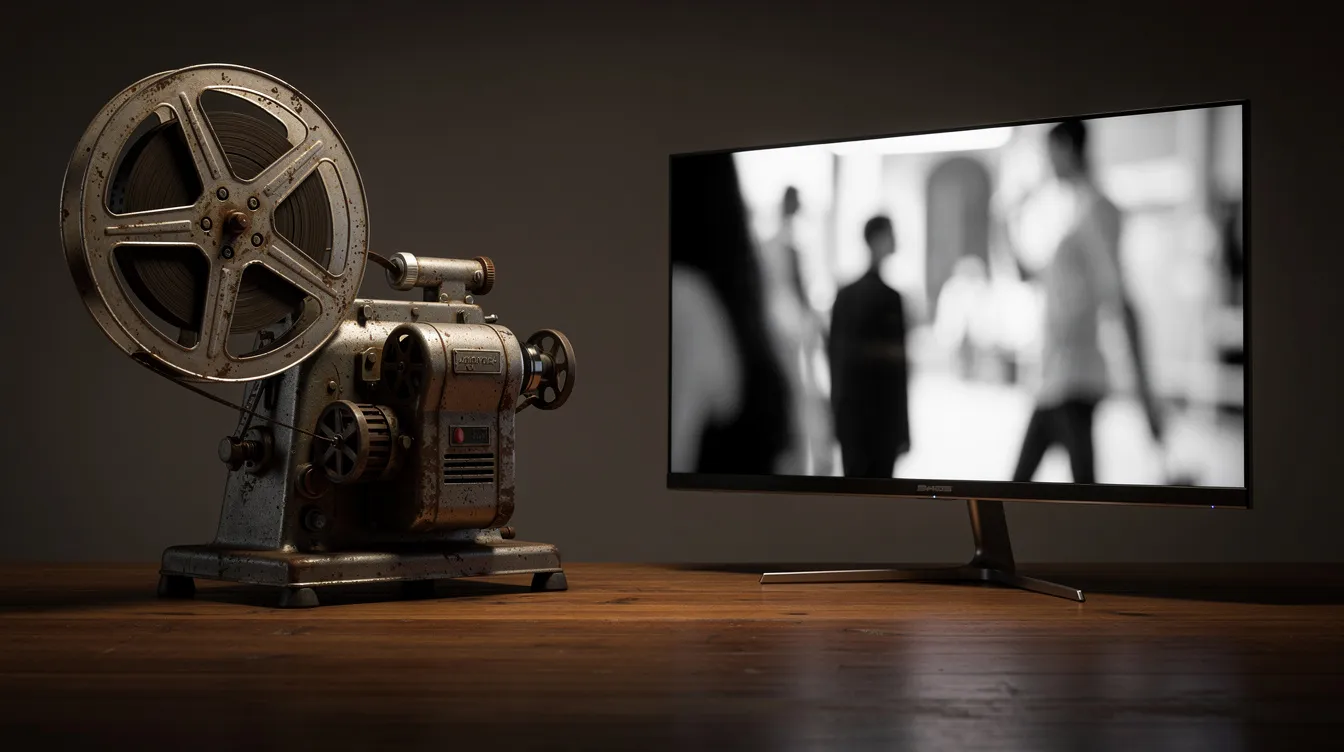 Ein alter Filmprojektor steht neben einem modernen Flachbildschirm, auf dem eine unscharfe Schwarz-Weiß-Szene zu sehen ist, die an die Filme von Charlie Chaplin erinnert. Die Kombination aus nostalgischem Filmgerät und zeitgenössischer Technologie schafft eine interessante Verbindung zwischen Vergangenheit und Gegenwart im Medium Film.
